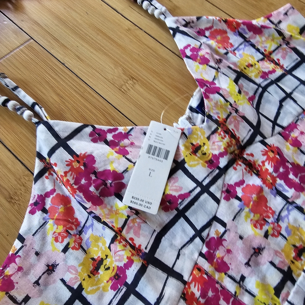 Anthropologie White Grid Maxi Dress with Pink & Yellow Floral Trim - Picture 6 of 8